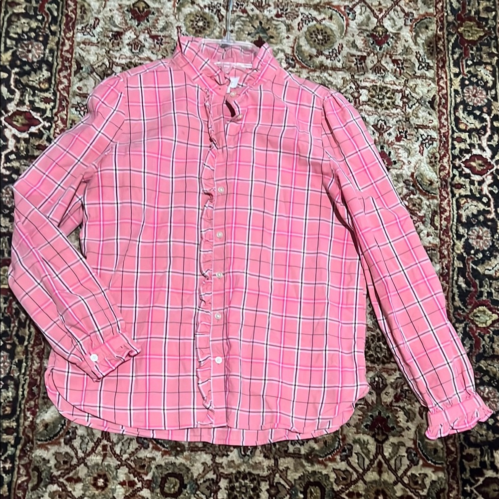 LOFT Pink Checkered Button Down Shirt With Small Ruffle Details Size Small